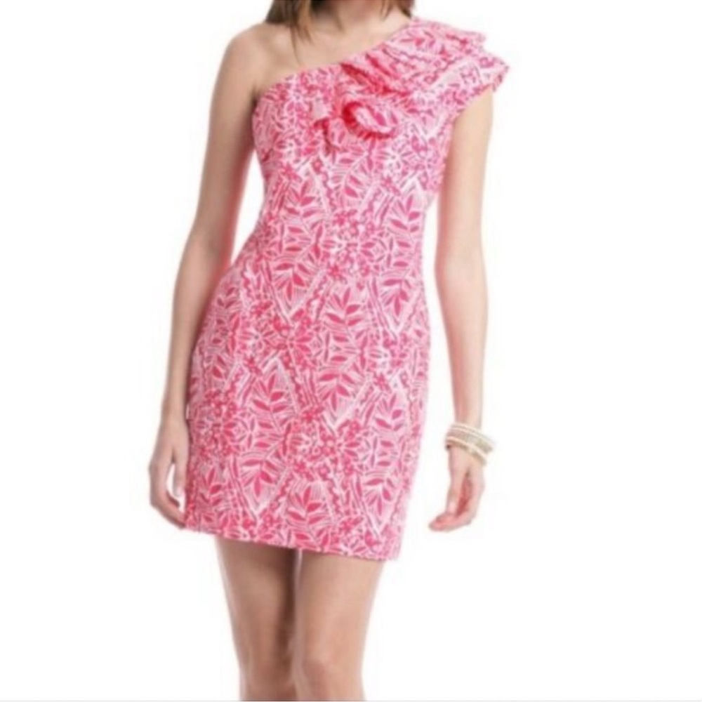 Lilly Pulitzer Pink and White One-Shoulder Dress 00
